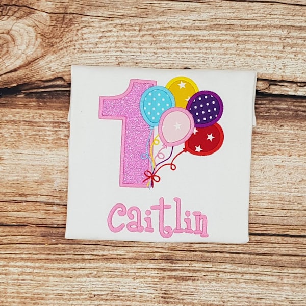 Childrens birthday tshirt, Childrens embroiderd birthday top, Childrens personalised birthday tshirt with balloons, 1, 2, 3, 4, 5, 6, 7, 8