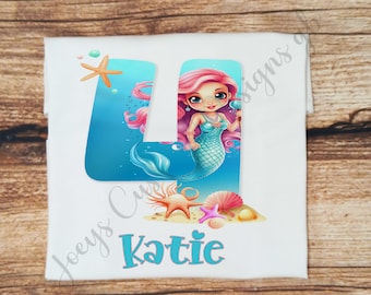 Childrens personalised birthday tshirt, Kids mermaid birthday shirt, under the seas top, childs personalised gift, birthday girl top