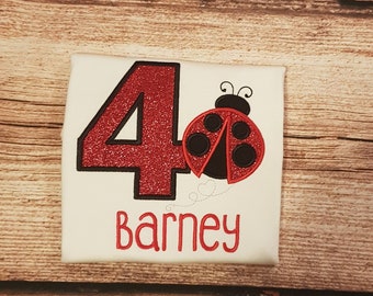 May include: A white t-shirt with a red glittery number 4 and a red ladybug with black spots. The name "Barney" is embroidered below the number.
