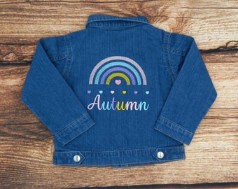 Childrens personalised denim jacket, Childs rainbow denim jacket, kids embroidered denim jacket, Baby denim jacket, personalised clothes