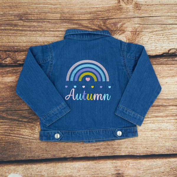 Childrens personalised denim jacket, Childs rainbow denim jacket, kids embroidered denim jacket, Baby denim jacket, personalised clothes