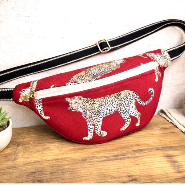 Red Leopard Print Crossbody Bag, Upcycled Statement Belt Bag, Adjustable Strap