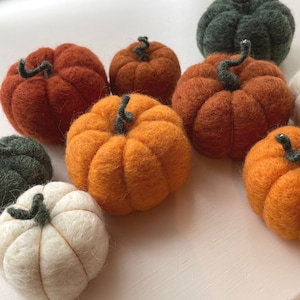 Pode incluir: Uma coleção de abóboras de feltro em vários tons de laranja e verde. As abóboras são todas feitas à mão e têm um aspeto rústico e artesanal.