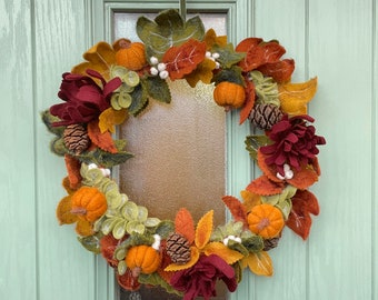 Handmade Needle Felt Autumn Wreath | Wool Felt Fall Door Wreath | Rustic Harvest Door Decor | Seasonal Autumn Home Decoration