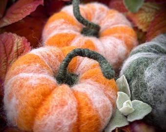 May include: Two orange and white striped felt pumpkins and one green and white striped felt pumpkin. The pumpkins are sitting on a bed of fall leaves.