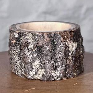 Op de afbeelding: Een cilindrische houten container met een natuurlijke schors buitenkant. De schors is een mix van bruin, grijs en wit, met een lichtgekleurd interieur. De container wordt waarschijnlijk gebruikt voor het vasthouden van kleine items of als decoratief stuk.