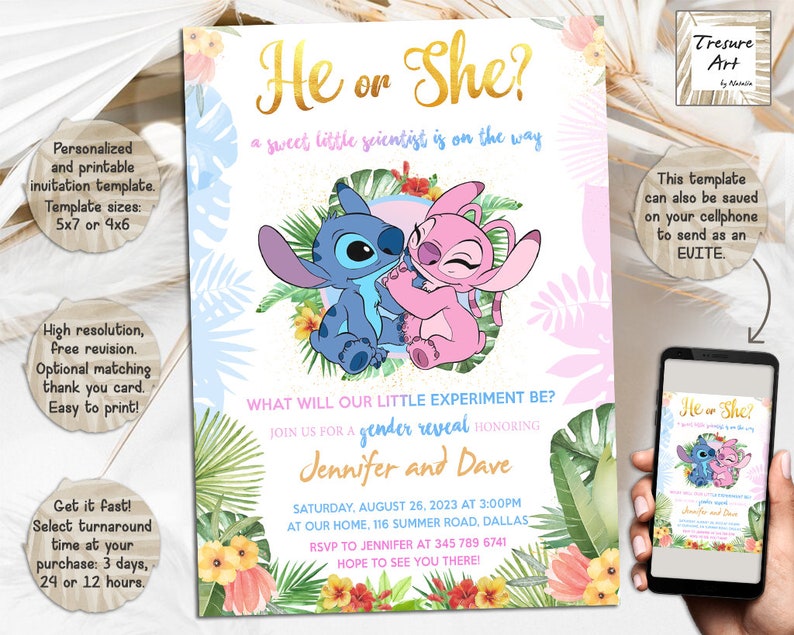 Angel and Stitch Gender Reveal Invitation I Lilo & Stitch Invite I He