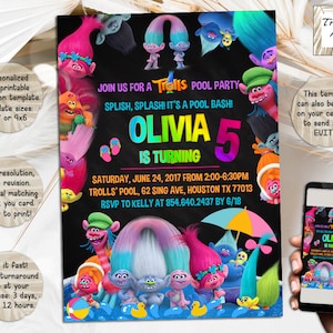 Trolls Pool Party Birthday Invitation I Trolls Movie Birthday Invite I Personalized Digital Download Invitation I Printable And Evite I JPG