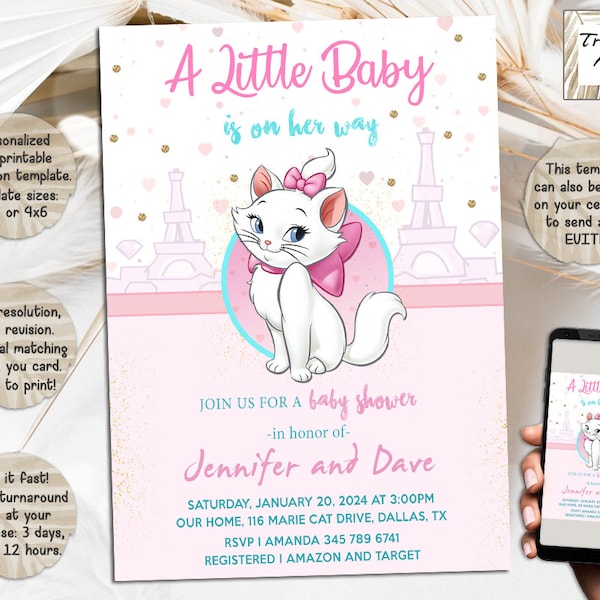 Marie The Cat Baby Shower Invitation I Marie Aristocats Invite I Kitten Personalized And Digital Download File I Printable And Evite I JPG