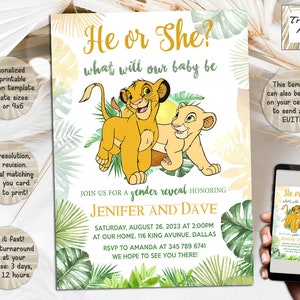 Simba And Nala Gender Reveal Invitation I Lion King Invite I He Or She? I Personalized And Digital Download File I Printable And Evite