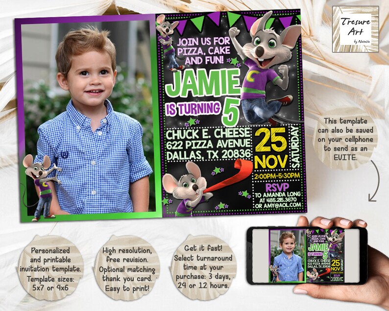 Chuck E Cheese Birthday Invitation I Birthday Party Photo Invite I ...