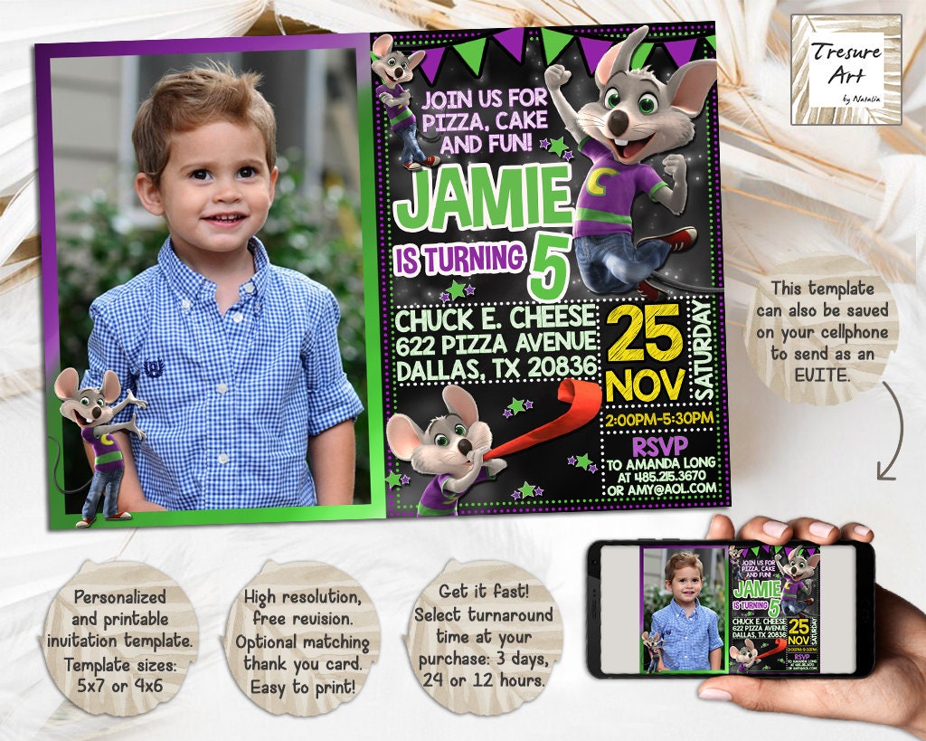 Chuck E Cheese Birthday Invitation I Birthday Party Photo Invite I ...