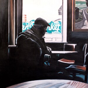 May include: A painting of a man sitting in a dimly lit room, looking out of a window. The man is wearing a dark jacket and a cap. The window has a sign that says "Market" in blue and white letters. The room is dark and the man is in shadow.