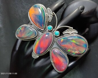 Aurora Opal Sterling Silver Butterfly Ring - Boho Statement Jewelry