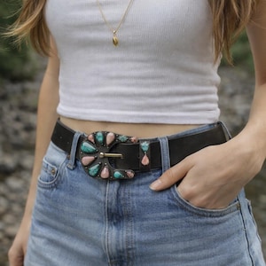 Vintage Teal Stretch Waist Belt Silver Southwestern Buckle Boho Western il_340x270.7237730215_4u38.jpg main image 3