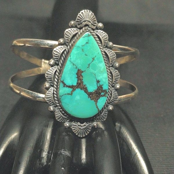 Handmade Turquoise Cuff Bracelet: 925 Sterling Silver Boho Jewelry