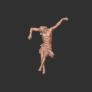 以下が含まれることがあります： 長い髪、腕を広げ、腰に布をまとった裸の人物の精巧な彫刻。人物は薄茶色で、濃い灰色の背景に配置されています。