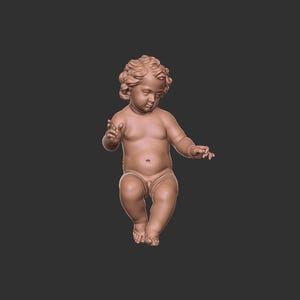 May include: A detailed sculpture of a cherubic figure with curly hair, rendered in a warm, neutral tone. The figure is nude, with arms outstretched and legs slightly bent, suggesting movement. The background is a solid, dark gray.