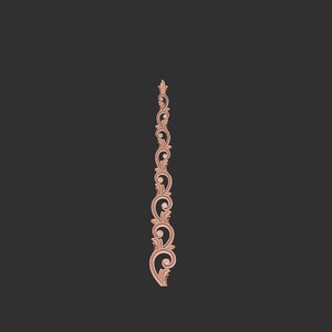 May include: A vertical, light-coloured wood carving featuring a symmetrical, repeating acanthus leaf scroll pattern. The design tapers from a wide, rounded base at the bottom to a pointed, leaf-like tip at the top, showcasing intricate relief details.