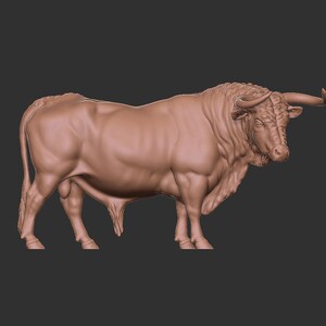 May include: A detailed sculpture of a bull in a standing position. The bull is a light brown color, with visible muscle definition and curved horns. The sculpture is set against a dark gray background.