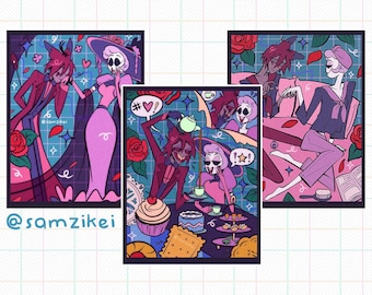 May include: Three framed art prints featuring stylized illustrations. The artwork showcases characters in various scenes with a teal and pink color scheme, roses, and decorative elements. The artist's name, @samzikei, is visible in the bottom left corner.