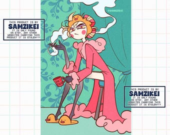 Puede incluir: Una ilustración digital de un personaje de pelo rubio con una bata rosa de bordes esponjosos y zapatillas de pato amarillas. El personaje sostiene una taza roja con la etiqueta OH DEER y fuma. Los cuadros de texto indican SAMZIKEI.