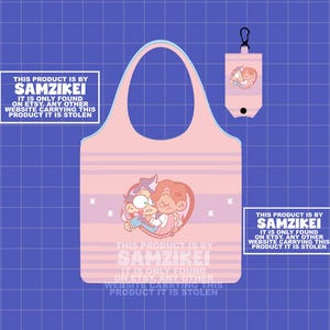 May include: A light pink reusable tote bag with horizontal stripes and a central graphic of two cartoon characters embracing. A matching small pouch with a clip is included. Text on the bag and boxes states: THIS PRODUCT IS BY SAMZIKEI.