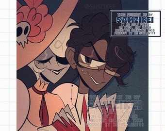 May include: A digital illustration featuring two stylized characters. One character wears a wide-brimmed hat with a skull emblem. The other character has dark hair and glasses. Text in the corner reads: THIS PRODUCT IS BY SAMZIKEI.