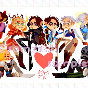 May include: A group of eight cartoon characters, some with wings, horns, and other fantasy features, are gathered around a large red heart. The characters are all smiling and appear to be friends. The text "@samzikei sample!" is written below the heart.