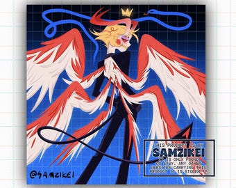 May include: A digital illustration of a blonde character with a small gold crown, wearing a black suit, featuring multiple large red and white wings, a long black tail, and a blue snake. Text reads: THIS PRODUCT IS BY SAMZIKEI @SAMZIKEI.