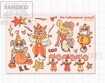 May include: A sticker sheet featuring the text the halloweenie circus! and various cartoon characters in clown costumes, including a dog with pumpkin buckets, a cat, a rabbit, a hamster on a unicycle, and three small mice, with stars and candy.
