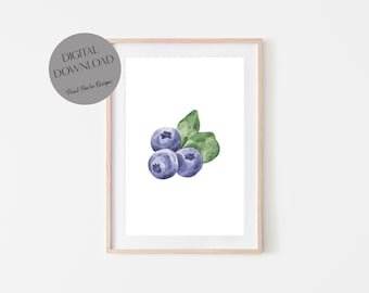 Blueberry Fruit Print, Kitchen, Digital Download, Printable Wall Art, Blue, Food, Plant