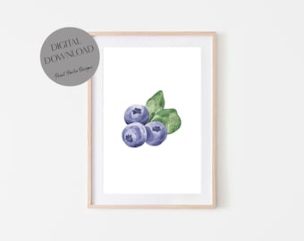 Bosbessenprint, keuken, digitale download, afdrukbare muurkunst, blauw, eten, plant, digitale download, keuken