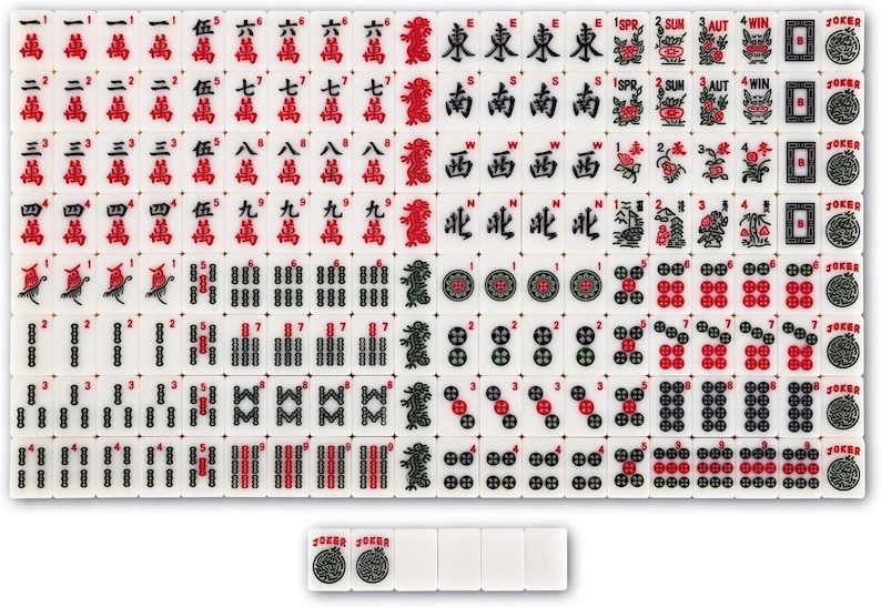 May include: A complete set of white Mahjong tiles with red, black, and green markings. The tiles feature Chinese characters, numbers, and symbols. Includes Joker tiles. A classic game.