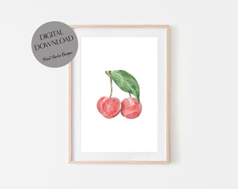 Cherry Fruit Print, Kitchen, Digital Download, Printable Wall Art, Red, Food, Plant