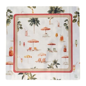 May include: A square scarf featuring a white background with a repeating beach scene pattern including palm trees, orange and yellow striped umbrellas, lounge chairs, and colorful tropical drinks. A red and beige border frames the design.