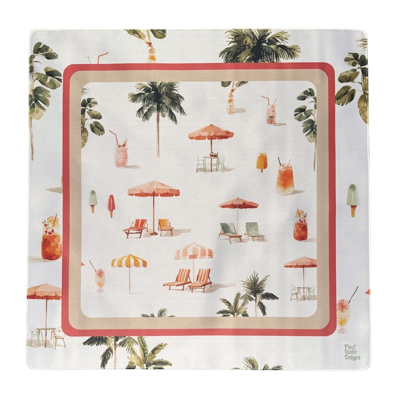 May include: A square scarf featuring a white background with a repeating beach scene pattern including palm trees, orange and yellow striped umbrellas, lounge chairs, and colorful tropical drinks. A red and beige border frames the design.