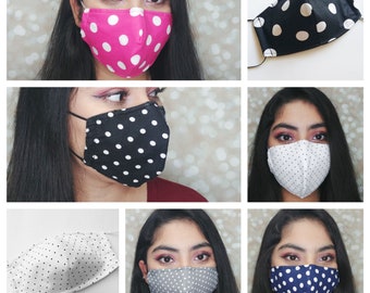 Polka Dot Cotton Face Mask: 4 Layers, Filter Pocket, Nose Wire