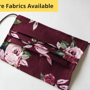 Burgundy Floral Face Mask: Pleated Cotton Face Covering with Nose Wire