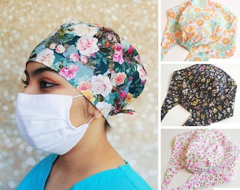 Surgical caps for women with buttons, Floral scrub cap