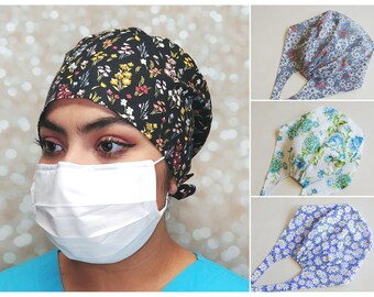 Floral scrub cap for women with buttons