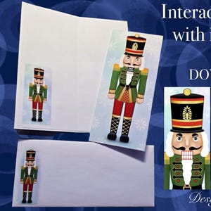 Può includere: Biglietto interattivo Schiaccianoci con inserto e busta. Il biglietto presenta un'illustrazione colorata di un soldato Schiaccianoci con giacca verde, pantaloni rossi e stivali neri. Download digitale in formato PDF e JPEG.