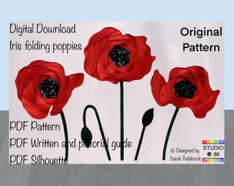 A4 PDF Sofort-Download für eine Iris Faltmohn-Mustervorlage mit schriftlicher und bildlicher Anleitung, ein Original-Design