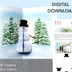 PDF Sofort-Download zum Drucken, Ausschneiden und Basteln einer Pop-Up-Honigwaben-Schneemann-Weihnachtskarte mit einem Originaldesign und Kunstwerk von Sarah Trebilcock