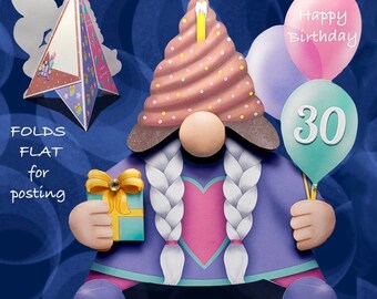 Plantillas en formato PDF y JPEG para descargar al instante para imprimir, cortar y hacer una tarjeta de cumpleaños con la imagen de un tipi de niña gnomo Gonk. Un diseño original de Sarah Trebilcock