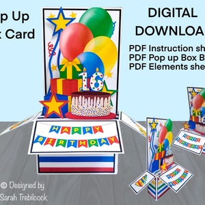 PDF-Sofort-Download zum Drucken und Erstellen einer Pop-Up-Geburtstagsbox-Konzeptkarte enthält schriftliche und bildliche Anweisungen, Originaldesign