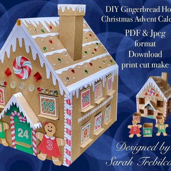 Descarga digital Jpeg y PDF Casa de calendario de adviento navideño de pan de jengibre NO se requieren troqueles ni máquinas de corte Imprimir Cortar Hacer