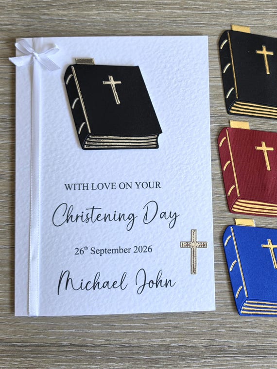A5 Personalised Christening card & envelope. 3D Bible embellishment choice of colours. Cross. Ribbon. Luxury 300gsm hammered card Keepsake