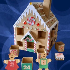 May include: A cardboard gingerbread house advent calendar with 24 numbered doors. The house is decorated with candy canes, sprinkles, and a white icing roof. There are two gingerbread people figures, one with the number 3 and the other with the number 24.