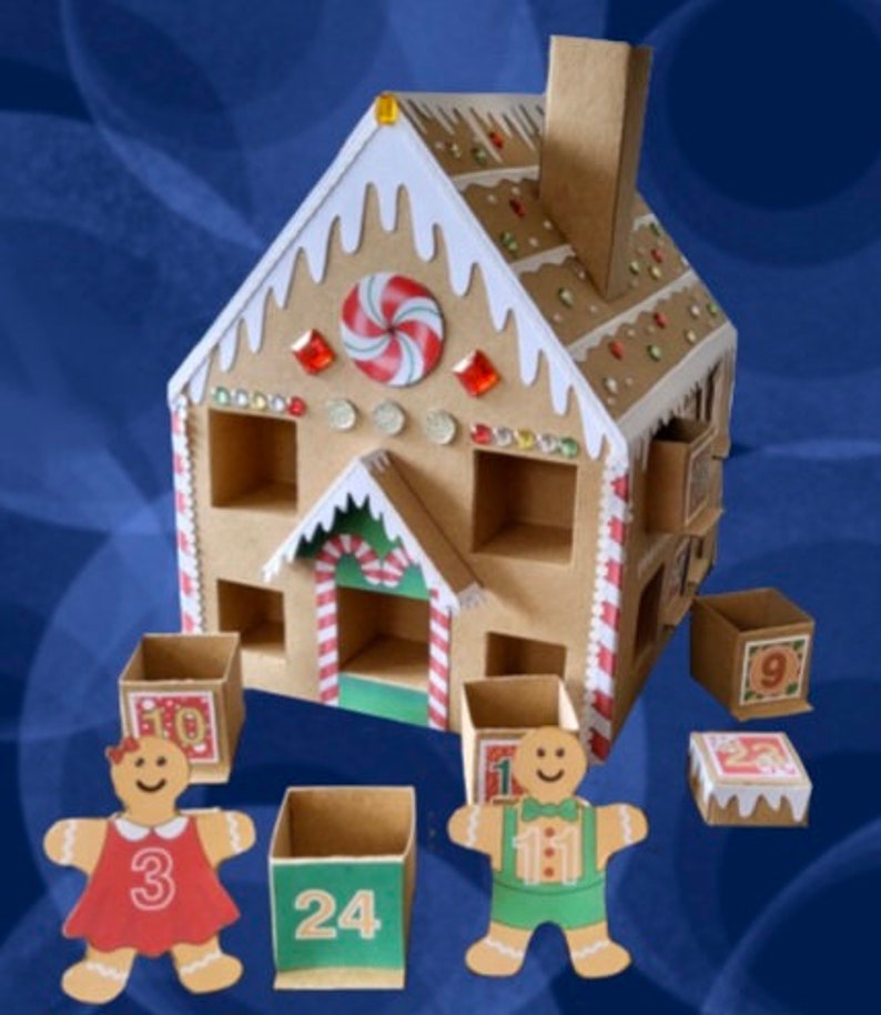 May include: A cardboard gingerbread house advent calendar with 24 numbered doors. The house is decorated with candy canes, sprinkles, and a white icing roof. There are two gingerbread people figures, one with the number 3 and the other with the number 24.